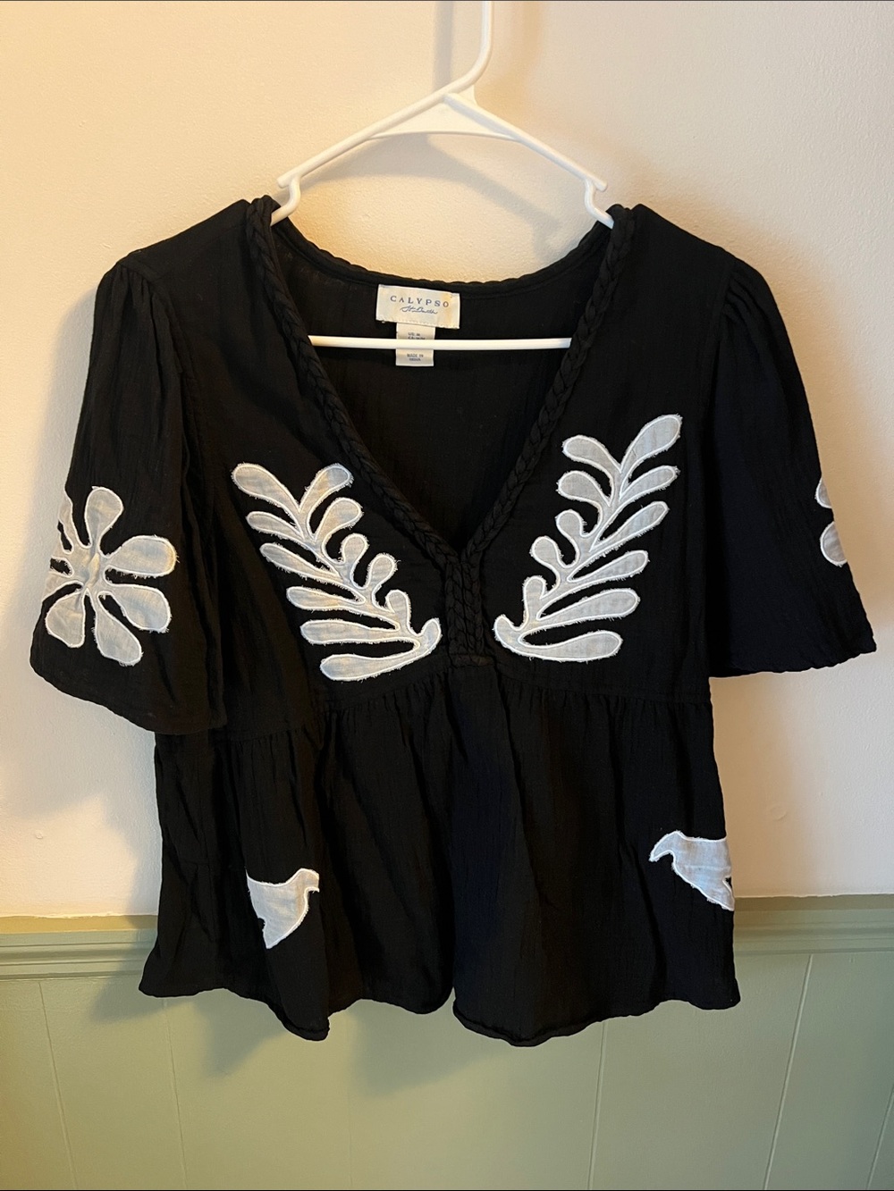 Calypso Black V-Neck Embroidered Peasant Top